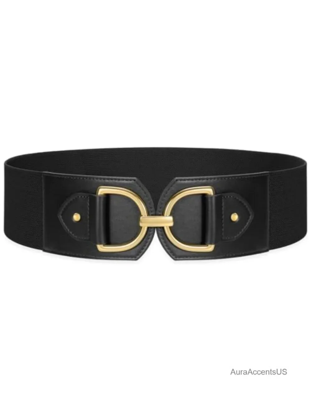 Faux Leather Wide Elastic Stretchy Belt for Dresses with Gold Buckle